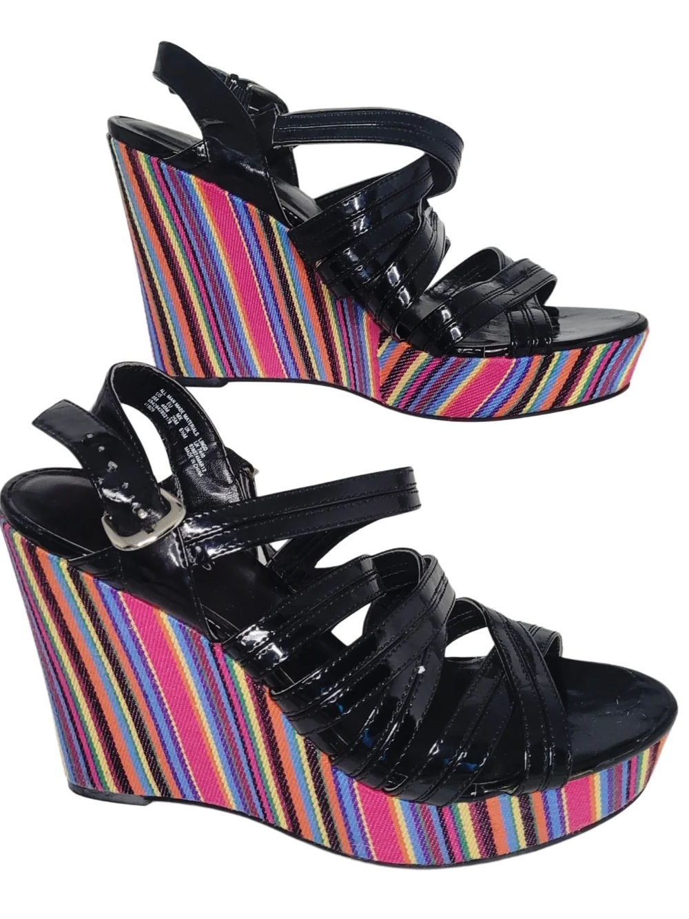 Retro Westies Black Patent Strappy Wedge Sandals w/ Fabric Rainbow Stripes